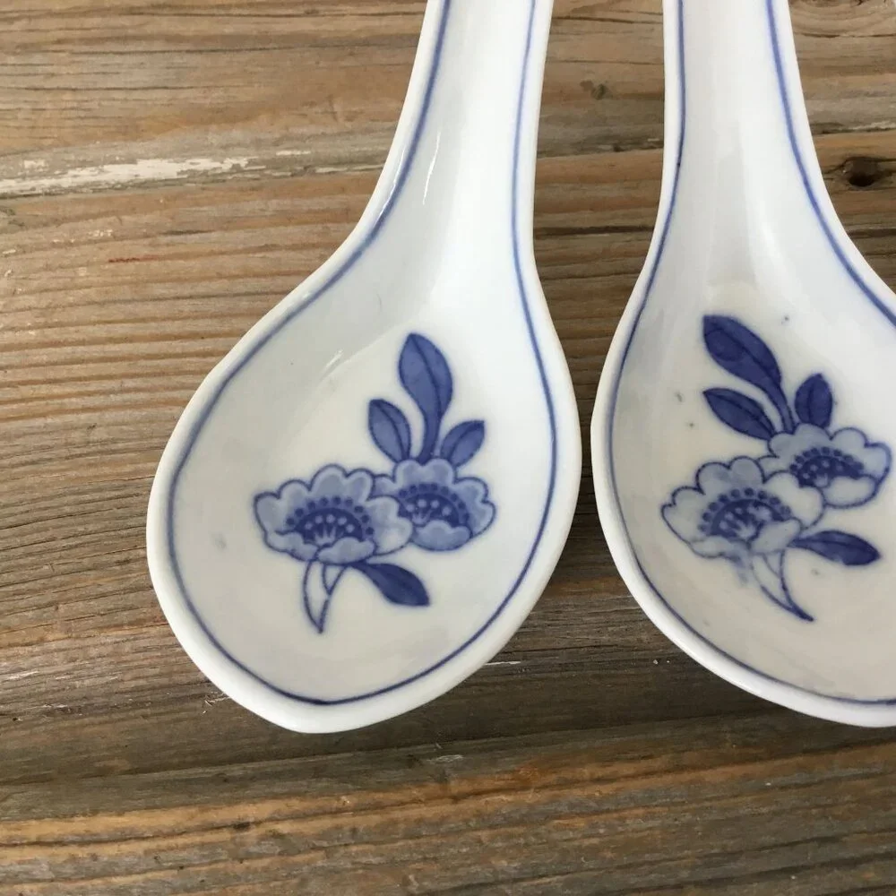 Set Of 3 Blue & White Porcelain Soup Spoons With Floral Design
